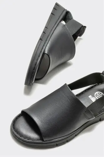 Siyah Deri Kadın Spor Sandalet - Siyah 