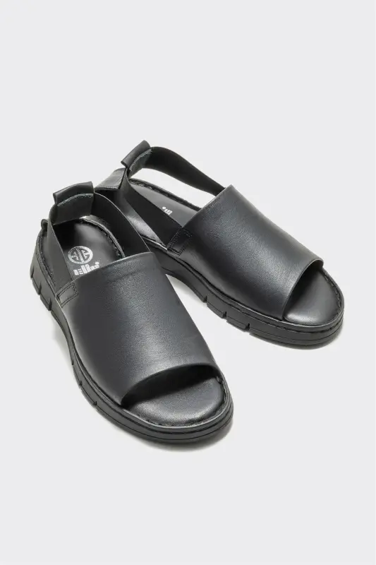 Siyah Deri Kadın Spor Sandalet - Siyah - 4