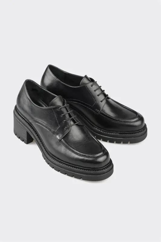 Siyah Deri Kadın Topuklu Ayakkabı-Siyah - 2