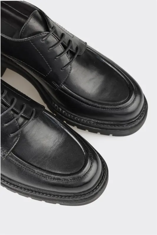 Siyah Deri Kadın Topuklu Ayakkabı-Siyah - 4