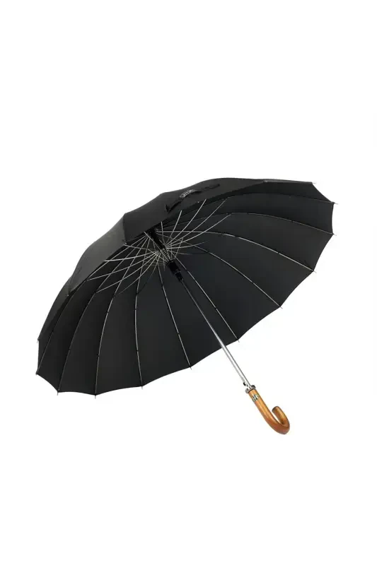 Siyah Desen Ahşap Saplı 16 Çelik Telli Premium Lüks Erkek Baston Şemsiye M21marmpr1025r003-Siyah Gri - 2