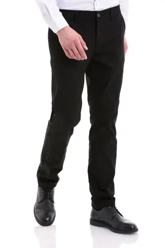 Siyah Dinamik Fit Desenli Pamuklu Yandan Cep Kanvas Pantolon-Siyah - 4