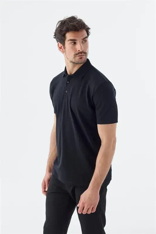 Siyah Düğme Detaylı Slim Fit Polo Yaka T-Shirt - 1