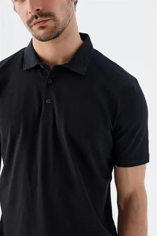 Siyah Düğme Detaylı Slim Fit Polo Yaka T-Shirt - 3