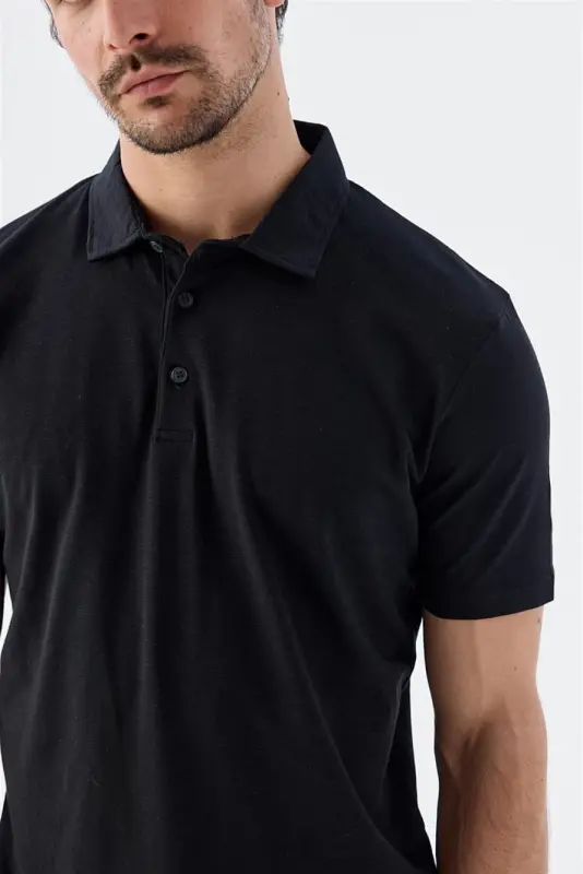 Siyah Düğme Detaylı Slim Fit Polo Yaka T-Shirt - 3