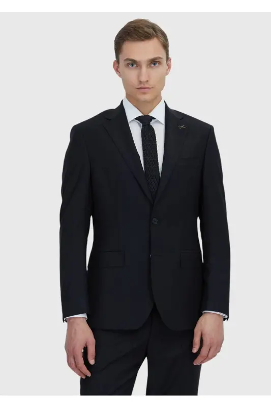 Siyah Düz Modern Fit Yün Karışımlı Takım Elbise - 6 Drop - 1