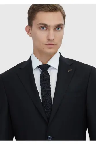 Siyah Düz Modern Fit Yün Karışımlı Takım Elbise - 6 Drop - 3
