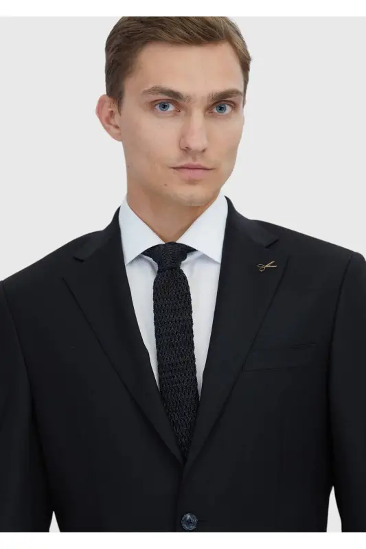 Siyah Düz Modern Fit Yün Karışımlı Takım Elbise - 6 Drop - 3