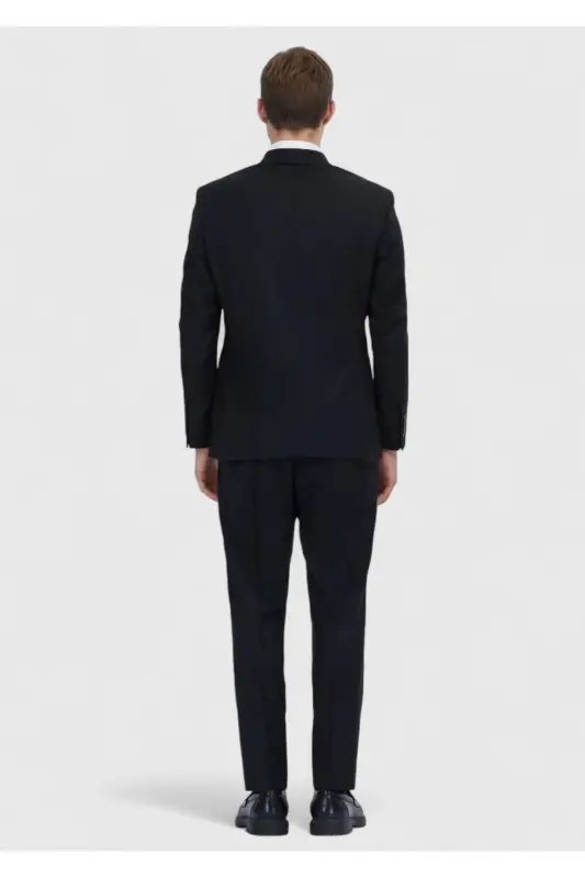 Siyah Düz Modern Fit Yün Karışımlı Takım Elbise - 6 Drop - 5