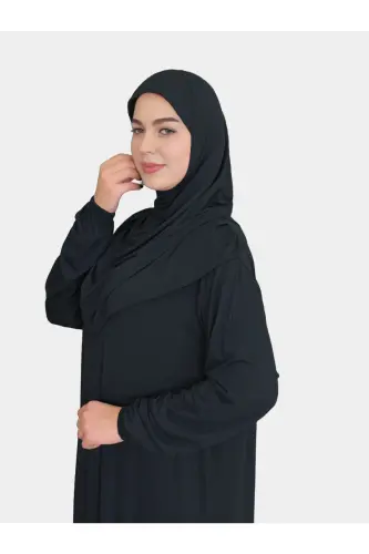 Siyah Düz Renk Pamuklu Kumaş Başörtülü Namaz Elbisesi - Siyah - 3