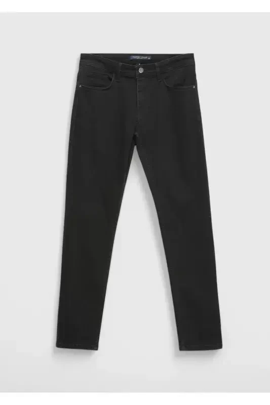 Siyah Düz Slim Fit Denim Pamuk Karışımlı Pantolon - 6