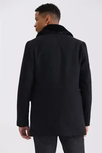 Siyah Regular Fit Çıkarılabilir Kürklü Yaka Desenli Yünlü Kaban - 4
