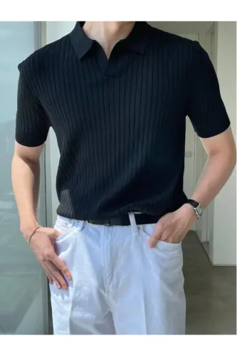 Siyah Erkek Fitilli Polo Yaka Triko T-Shirt - Siyah 