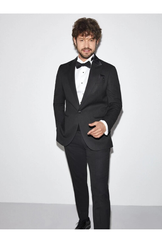 Siyah Erkek Modern Fit Armürlü Mono Yaka Smokin Takım-SİYAH - DUFY