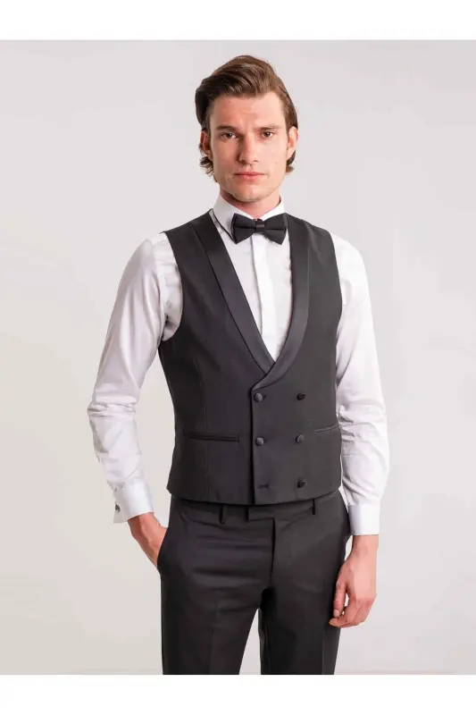 Siyah Erkek Modern Fit Çizgili Şal Yaka Smokin Takım-SİYAH - 3