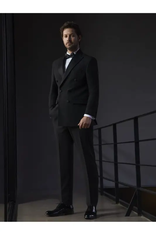 Siyah Erkek Slim Fit Düz Sivri Yaka Smokin Takım-Siyah - DUFY