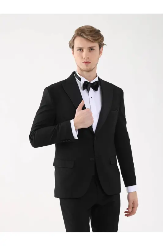 Siyah Erkek Slim Fit Düz Sivri Yaka Smokin Takım-Siyah - 3