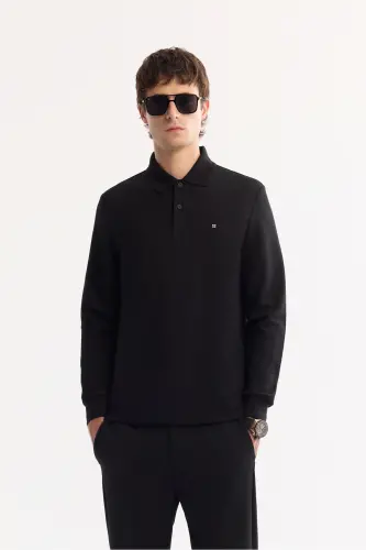 Erkek Siyah Polo Yaka Pamuklu Basic Slim Fit Sweatshirt B001080 - Siyah 