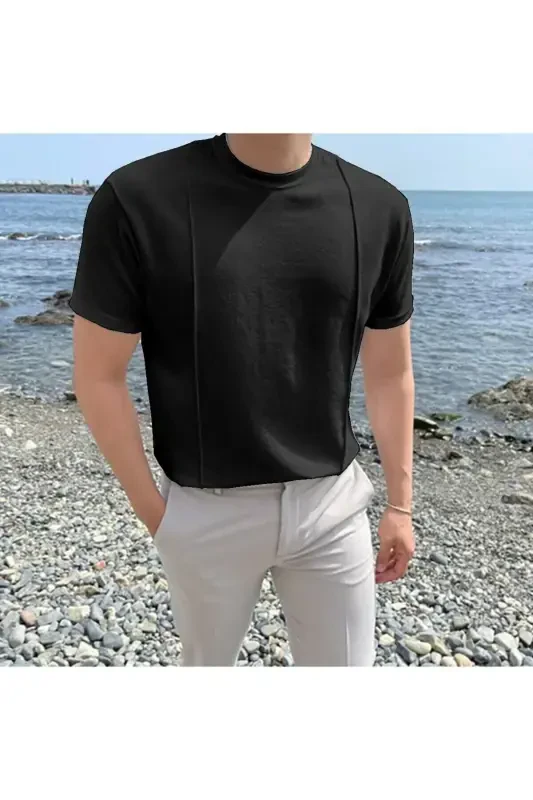 Siyah Erkek Yuvarlak Yaka 2 Çizgili Örme Triko T-shirt-siyah - 1