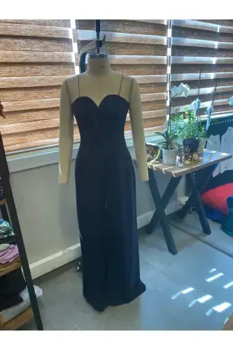 Q Siyah Esnek Krep Kumaş Askılı Kruvaze Yaka Uzun Abiye Tulum 582101 697-SİYAH - 3