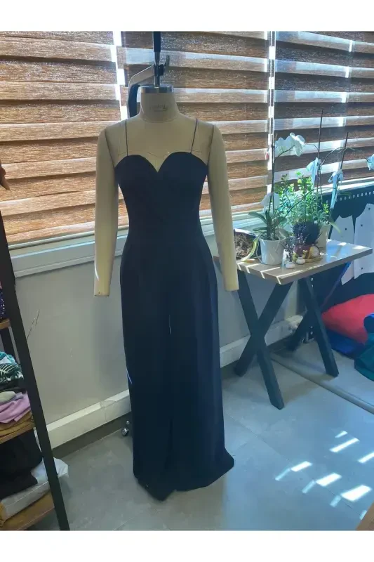 Q Siyah Esnek Krep Kumaş Askılı Kruvaze Yaka Uzun Abiye Tulum 582101 697-SİYAH - 3