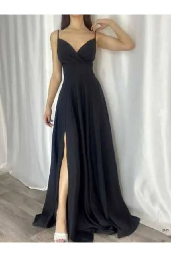 Siyah Esnek Kumaş Ip Askılı Yırtmaç Detaylı Uzun Abiye Ve Mezuniyet Elbisesi 698-SİYAH - 4