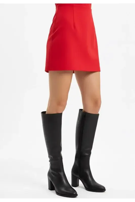 Siyah Long Fermuarlı Cilt Kadın Çizme, Diz Altı Kışlık Şık Günlük Uzun Çizme Bot-SİYAH - Difolia