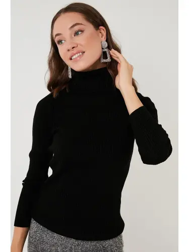 Siyah Fitilli Regular Fit Balıkçı Yaka Soft Akrilik Kazak 4614102-Siyah - 3