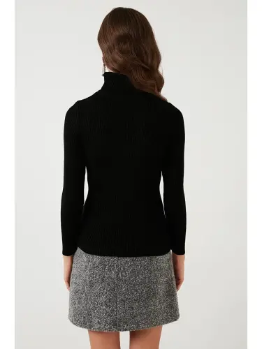 Siyah Fitilli Regular Fit Balıkçı Yaka Soft Akrilik Kazak 4614102-Siyah - 5