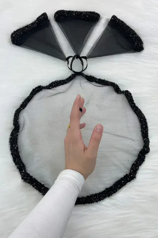 Siyah Gelin Damat Mendili, Düğün Halay Nedime Kına Sünnet Mendili, Cam Boncuk ve Pul Baskılı-STCAMBONCUKLUMENDİLSİYAH - 1