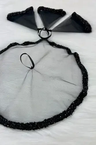 Siyah Gelin Damat Mendili, Düğün Halay Nedime Kına Sünnet Mendili, Cam Boncuk ve Pul Baskılı-STCAMBONCUKLUMENDİLSİYAH - 3