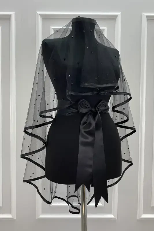 Siyah Gelin Duvak Seti, Biyeli Bol İncili, Kına Gecesi, Düğün, Nikah Duvağı Alı Örtüsü-BİYELİİNCİLİSİYAH - 6