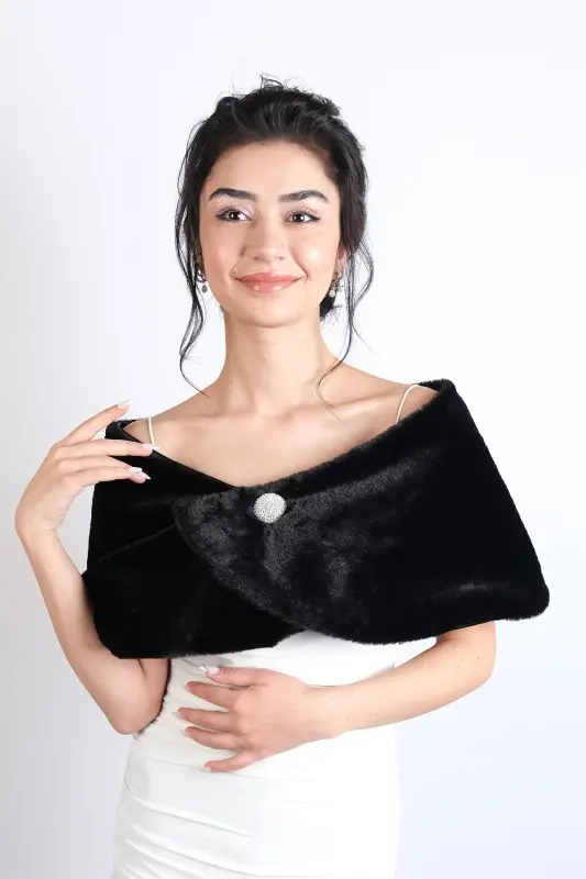 Siyah Gelin Kürkü Broşlu Gelin Kürkü - Siyah - 1