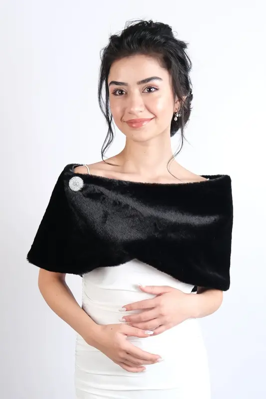 Siyah Gelin Kürkü Broşlu Gelin Kürkü - Siyah - 7