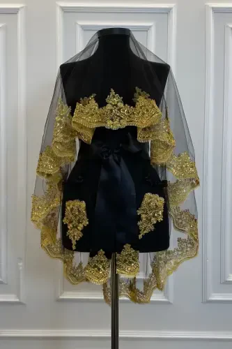 Siyah Gold Işıl Işıl Güpürlü Gelin Kına Duvağı Seti Düğün Kına Gecesi Yüz Örtüsü Alı-SiyahGold - ZEYMERADE (1)