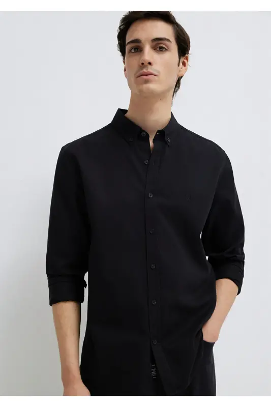 M Logo Nakışlı Siyah Gömlek Slim Fit / Dar Kesim 0211192-900 - Siyah-900 - 2