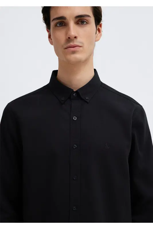 M Logo Nakışlı Siyah Gömlek Slim Fit / Dar Kesim 0211192-900 - Siyah-900 - 6