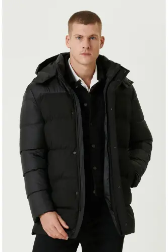 Siyah Kapüşonlu Puffer Casual Kaban - Siyah 