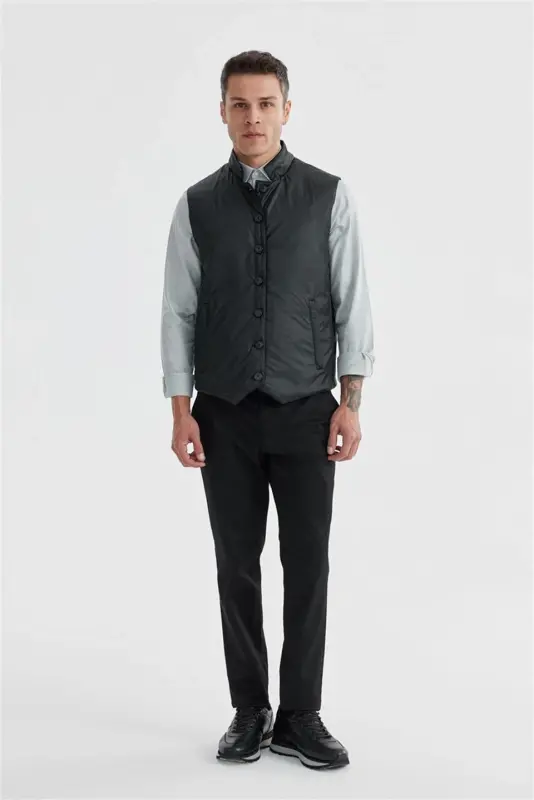 Siyah Hakim Yaka Çift Taraflı Slim Fit Yelek - 2