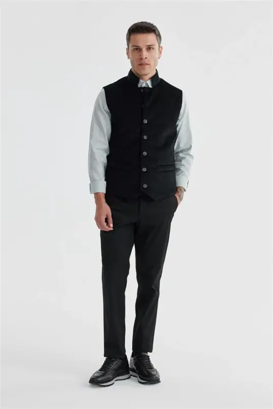 Siyah Hakim Yaka Çift Taraflı Slim Fit Yelek - 3