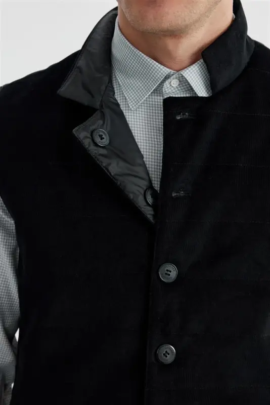 Siyah Hakim Yaka Çift Taraflı Slim Fit Yelek - 5