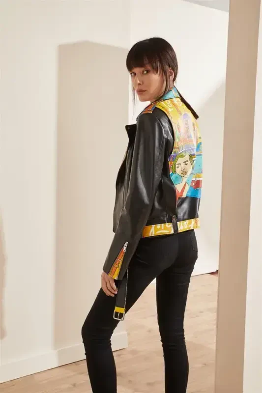 Siyah Ikigai The City Istanbul Baskılı Beli Kemerli Fermuarlı Biker Kadın Hakiki Deri Mont - DERIDERIM