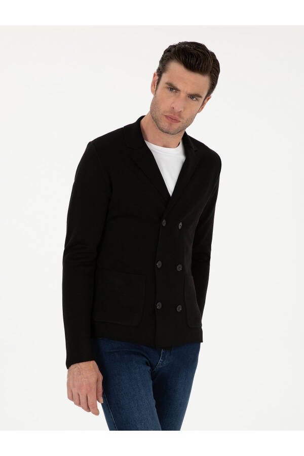 Siyah Slim Fit Yün Karışımlı Kruvaze Triko Hırka 50296283-VR046 - Siyah - 1
