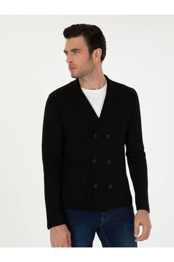 Siyah Slim Fit Yün Karışımlı Kruvaze Triko Hırka 50296283-VR046 - Siyah - 3