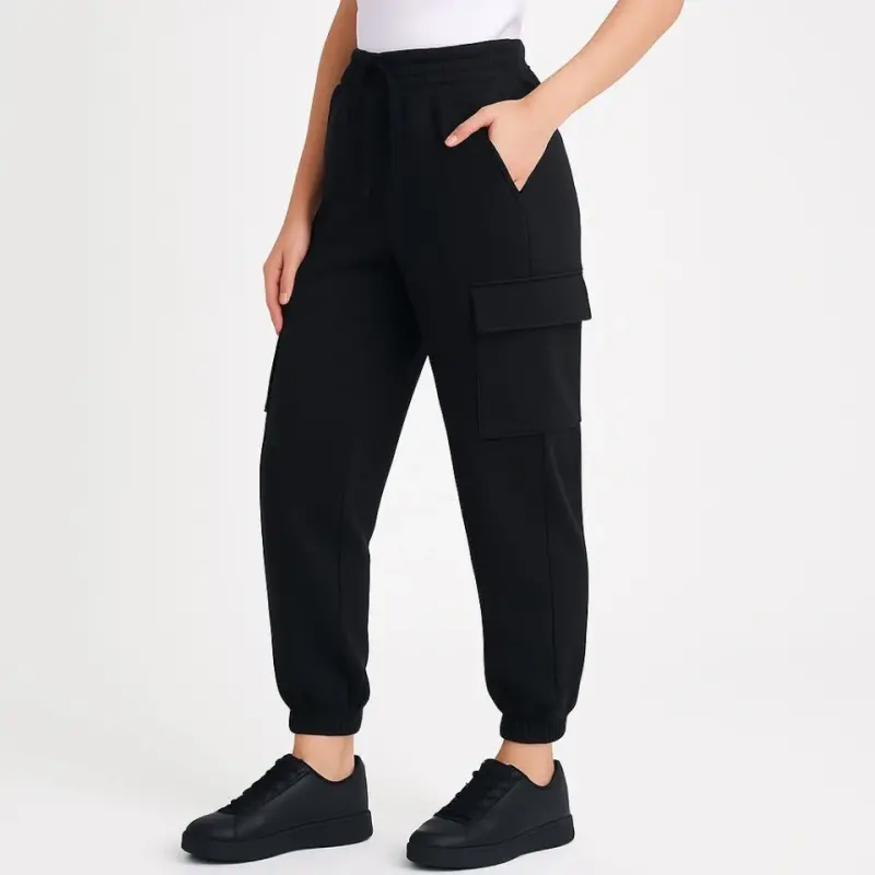Siyah Jogger Eşofman Altı Rahat Kalıp, Kargo Cepli, Lastikli Paça, Günlük Spor Pantolon - Siyah - 1