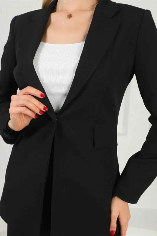 Siyah Kadın Palazzo Blazer Takım Elbise Tek Düğme Ceket Palazzo Pantalon - Siyah - 3