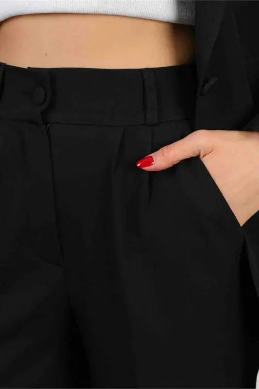 Siyah Kadın Palazzo Blazer Takım Elbise Tek Düğme Ceket Palazzo Pantalon - Siyah - 4