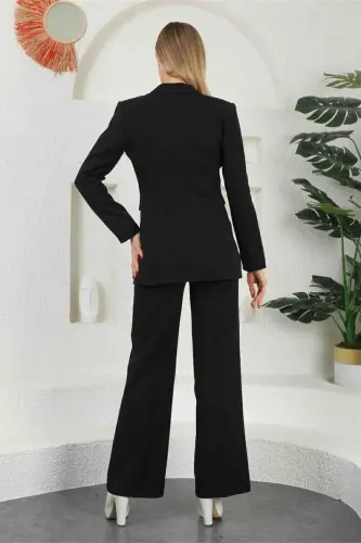 Siyah Kadın Palazzo Blazer Takım Elbise Tek Düğme Ceket Palazzo Pantalon - Siyah - 5