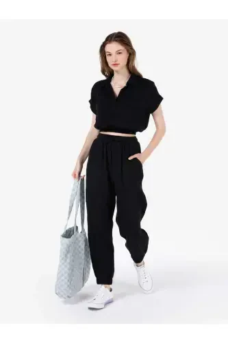 Regular Fit Yüksel Bel Düz Paça Bağcık Detaylı Kadın Siyah Pantolon - 3