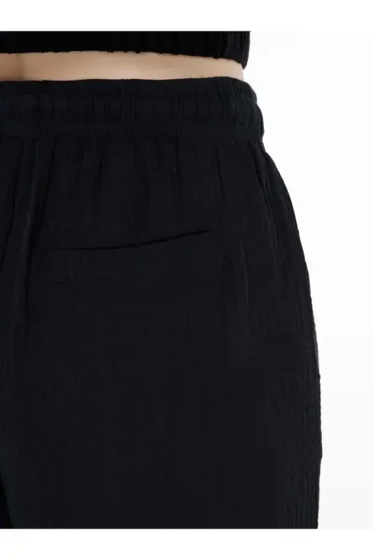 Regular Fit Yüksel Bel Düz Paça Bağcık Detaylı Kadın Siyah Pantolon - 6